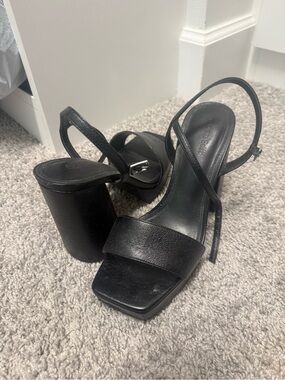 Black Leather Block Heel Slingback Sandals